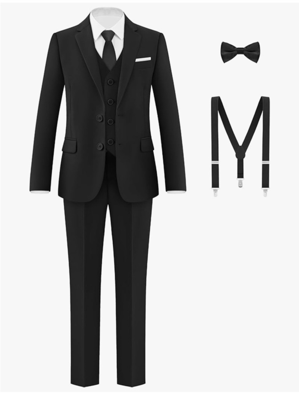 Classic Boys Black Three-Piece Suit with Shirt, Vest, Bow Tie, Tie & Suspenders